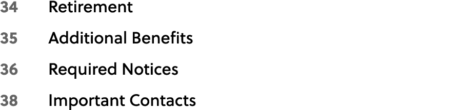 34 Retirement 35 Additional Benefits 36 Required Notices 38 Important Contacts