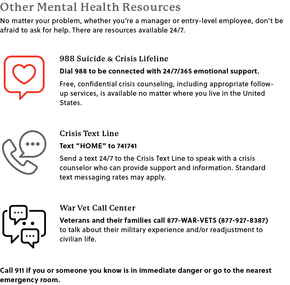 Other Mental Health Resources No matter your problem, whether you’re a manager or entry-level employee, don’t be afra...