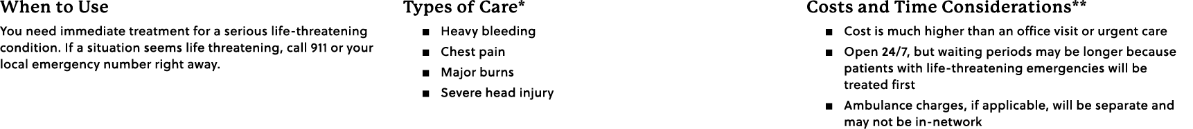 When to Use You need immediate treatment for a serious life-threatening condition. If a situation seems life threaten...