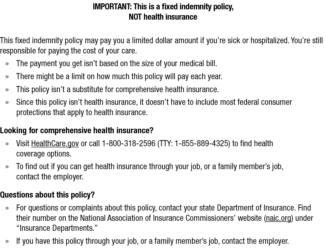 IMPORTANT: This is a fixed indemnity policy, NOT health insurance This fixed indemnity policy may pay you a limited d...