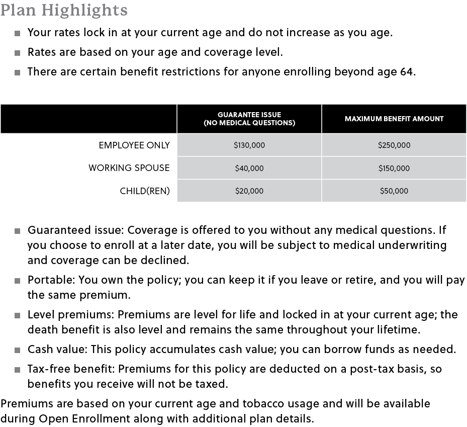 Plan Highlights � Your rates lock in at your current age and do not increase as you age. � Rates are based on your ag...