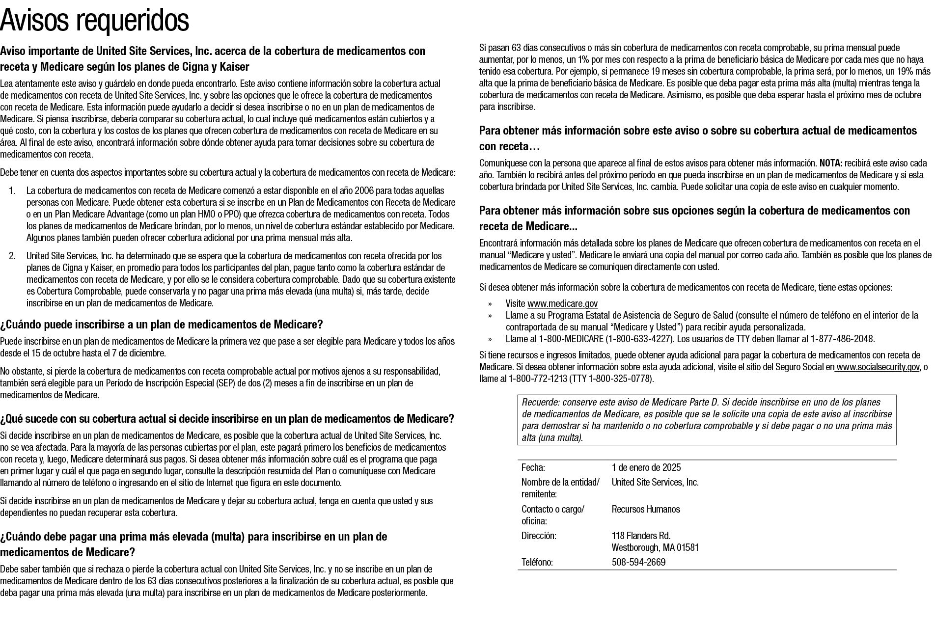 Avisos requeridos Aviso importante de United Site Services, Inc. acerca de la cobertura de medicamentos con receta y ...
