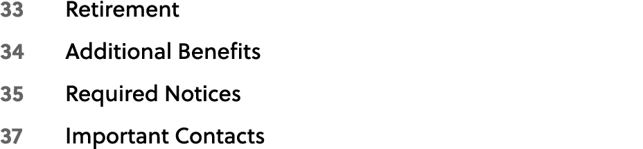 33 Retirement 34 Additional Benefits 35 Required Notices 37 Important Contacts