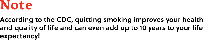 Note According to the CDC, quitting smoking improves your health and quality of life and can even add up to 10 years ...
