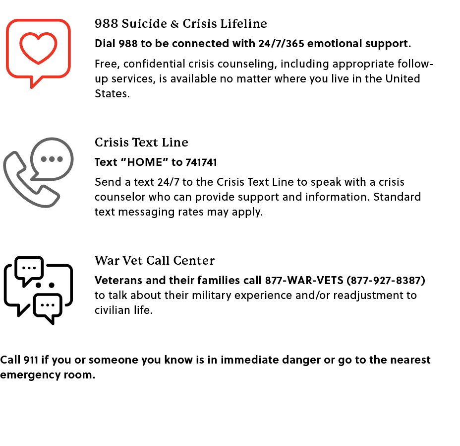 Call 911 if you or someone you know is in immediate danger or go to the nearest emergency room.